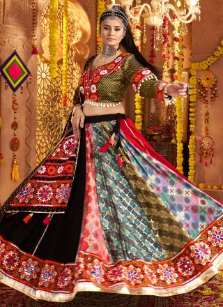 Embroidered, Mirror, Print and Thread Work Rayon Readymade Lehenga Choli In Multi Colour
