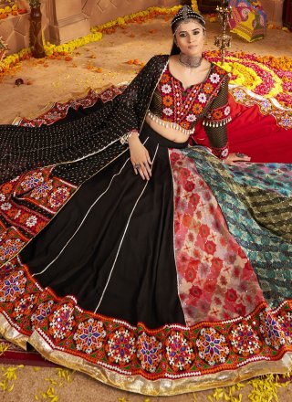 Embroidered, Mirror, Print and Thread Work Rayon Readymade Lehenga Choli In Multi Colour