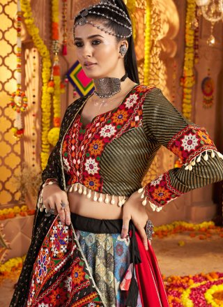 Embroidered, Mirror, Print and Thread Work Rayon Readymade Lehenga Choli In Multi Colour
