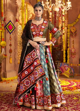 Embroidered, Mirror, Print and Thread Work Rayon Readymade Lehenga Choli In Multi Colour