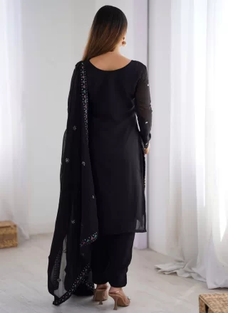 Embroidered, Mirror, Sequins and Thread Work Faux Georgette Readymade Style In Black for Ceremonial