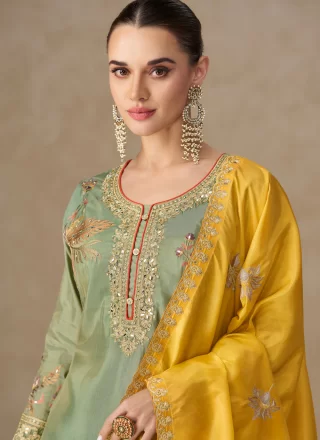 Embroidered, Mirror, Sequins, Stone and Zari Work Shimmer Palazzo Salwar Suit In Green Colour