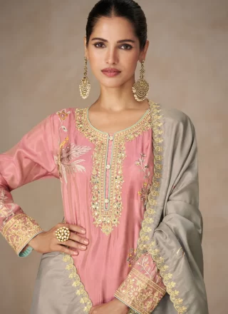 Embroidered, Mirror, Sequins, Stone and Zari Work Shimmer Salwar Suit In Pink Colour