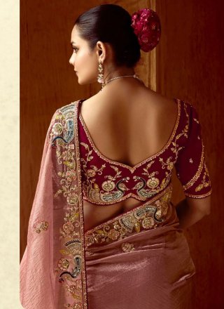Embroidered, Moti and Sequins Work Fancy Fabric Trendy Saree In Pink and Rust Color