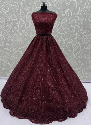Embroidered, Moti, Sequins and Thread Work Net Lehenga Choli In Maroon for Engagement