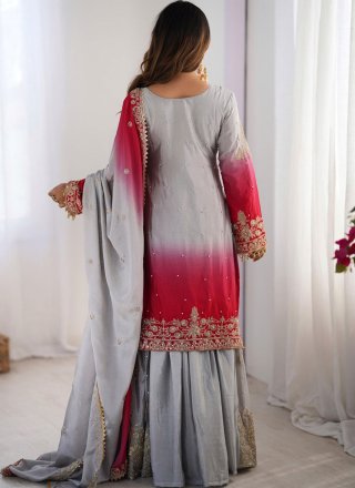 Embroidered, Moti, Sequins and Zari Work Chinon Salwar Suit In Multi Colour for Festival