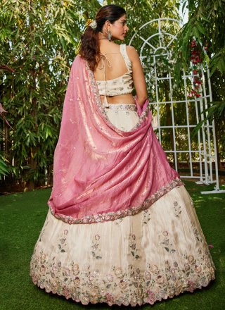 Embroidered, Moti, Sequins and Zari Work Tissue A - Line Lehenga Choli In Off White Color