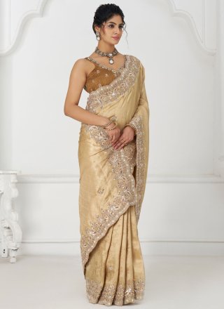 Embroidered, Moti, Sequins, Stone, Thread and Zari Work Viscose Contemporary Sari In Cream