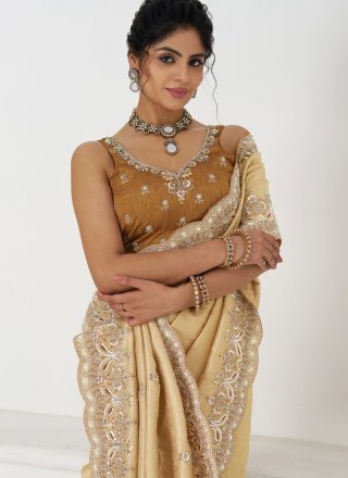 Embroidered, Moti, Sequins, Stone, Thread and Zari Work Viscose Contemporary Sari In Cream