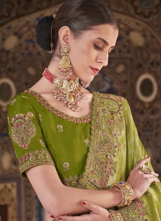Embroidered, Moti, Sequins, Stone, Weaving and Zari Work Silk Designer Saree In Green