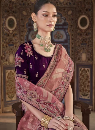 Embroidered, Moti, Sequins, Stone, Weaving and Zari Work Silk Traditional Saree In Pink and Rust