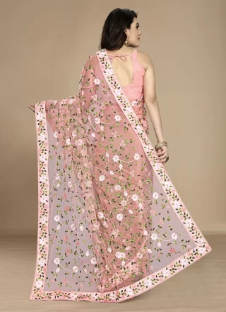 Embroidered, Multi and Thread Work Net Classic Sari In Peach Color