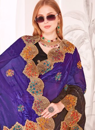 Embroidered, Multi, Resham and Zari Work Fandy Designer Sari In Violet