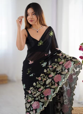 Embroidered, Multi, Sequins and Thread Work Georgette Classic Sari In Black