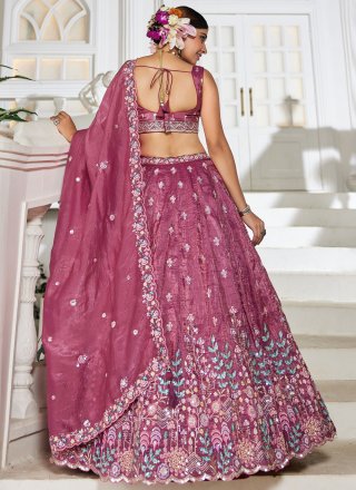 Embroidered, Multi, Sequins and Zari Work Tissue Lehenga Choli In Burgundy