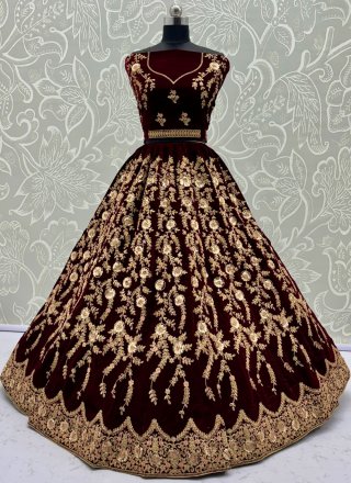 Embroidered, Multi, Sequins, Thread and Zari Work Velvet Lehenga Choli In Maroon