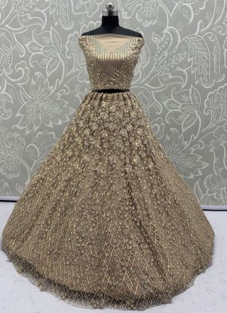 Embroidered, Multi, Sequins, Thread, Zari and Zircon Work Net A - Line Lehenga Choli In Brown and Gold for Ceremonial