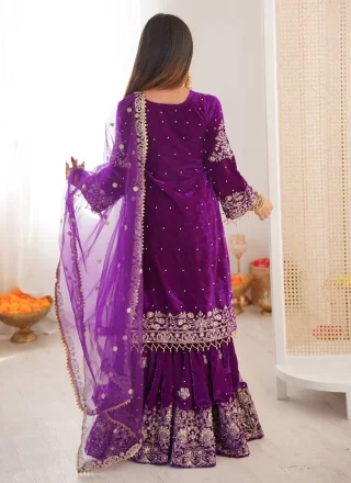 Embroidered, Pearls, Sequins and Thread Work Velvet Salwar Suit In Purple for Festival