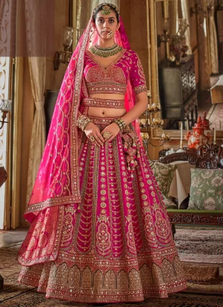 Embroidered, Pearls, Sequins, Thread, Weaving and Zari Work Silk A - Line Lehenga Choli In Hot Pink Colour