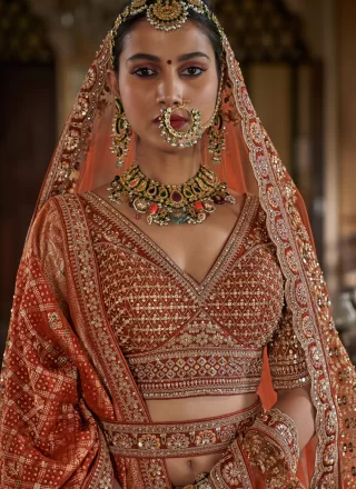 Embroidered, Pearls, Sequins, Thread, Weaving and Zari Work Silk A - Line Lehenga Choli In Orange for Ceremonial