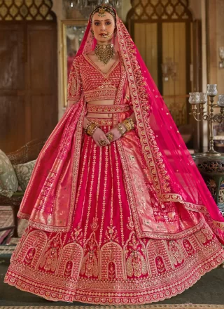 Embroidered, Pearls, Sequins, Thread, Weaving and Zari Work Silk A - Line Lehenga Choli In Pink for Ceremonial