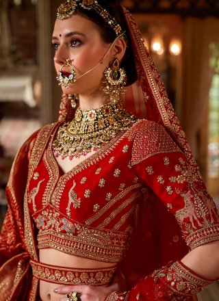 Embroidered, Pearls, Sequins, Thread, Weaving and Zari Work Silk A - Line Lehenga Choli In Red for Ceremonial