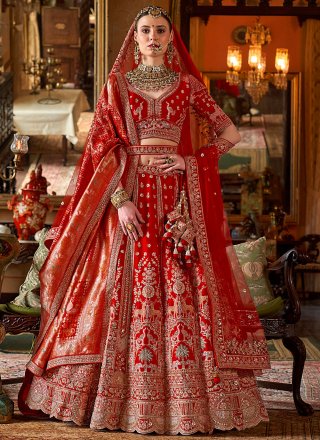 Embroidered, Pearls, Sequins, Thread, Weaving and Zari Work Silk A - Line Lehenga Choli In Red for Ceremonial