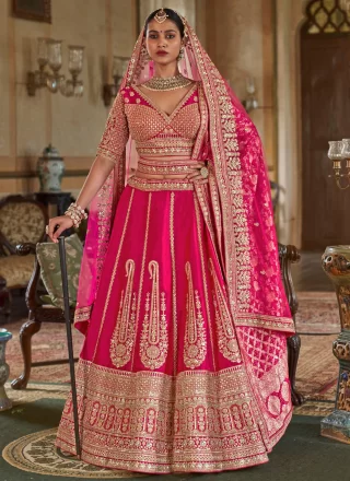 Embroidered, Pearls, Sequins, Thread, Weaving and Zari Work Silk Lehenga Choli In Pink Colour