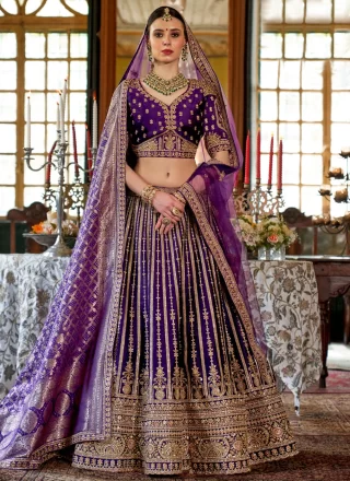 Embroidered, Pearls, Sequins, Thread, Weaving and Zari Work Silk Lehenga Choli In Purple Colour