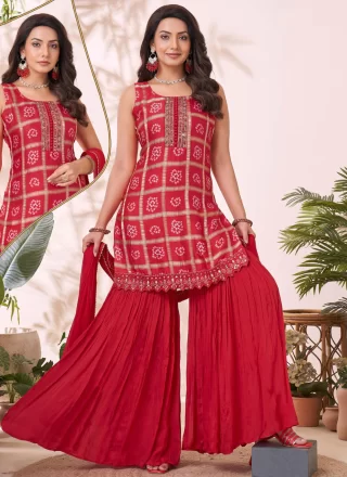Embroidered, Print and Thread Work Silk Palazzo Salwar Suit In Red for Ceremonial