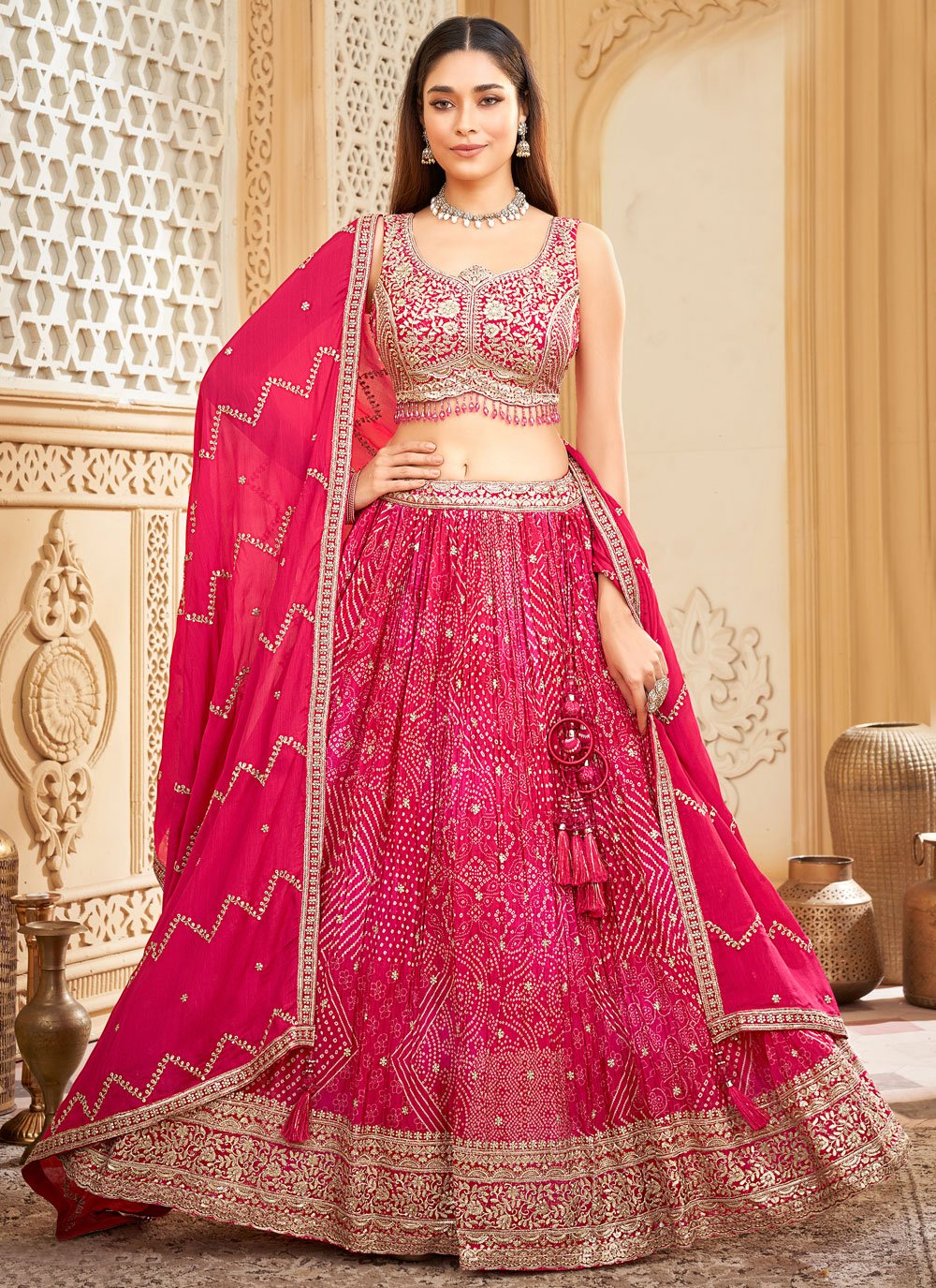 Embroidered, Print and Zari Work Chinon Readymade Lehenga Choli In Rani