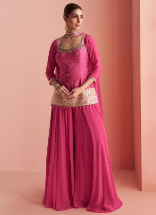 Embroidered, Print and Zari Work Chinon Readymade Salwar Suit In Rani