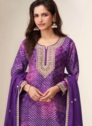 Embroidered, Print and Zari Work Chinon Readymade Style In Purple Colour