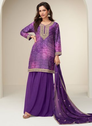 Embroidered, Print and Zari Work Chinon Readymade Style In Purple Colour