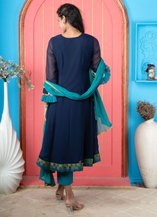 Embroidered, Print and Zari Work Georgette Salwar Suit In Blue for Ceremonial