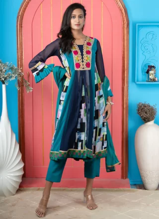 Embroidered, Print and Zari Work Georgette Salwar Suit In Blue for Ceremonial