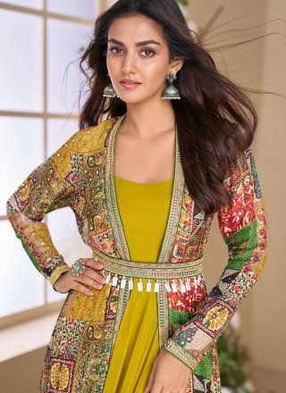 Embroidered, Print, Sequins and Stone Work Georgette  Designer Gown In Green for Ceremonial