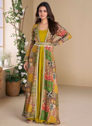 Embroidered, Print, Sequins and Stone Work Georgette  Designer Gown In Green for Ceremonial