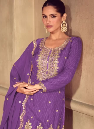 Embroidered, Print, Sequins and Zari Work Chinon Palazzo Salwar Suit In Violet