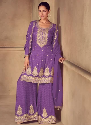 Embroidered, Print, Sequins and Zari Work Chinon Palazzo Salwar Suit In Violet