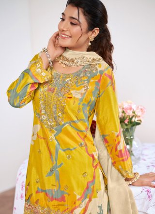 Embroidered, Print, Sequins and Zari Work Chinon Salwar Suit In Yellow