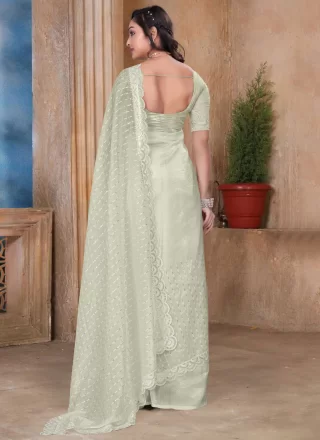 Embroidered, Resham and Sequins Work Crush Contemporary Sari In Off White