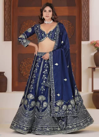 Embroidered, Resham and Zari Work Chinon Lehenga Choli In Blue