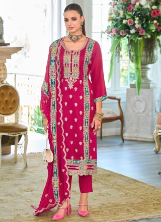 Embroidered, Resham and Zari Work Chinon Salwar Suit In Pink for Ceremonial