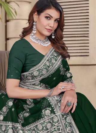 Embroidered, Resham and Zari Work Georgette Classic Sari In Green