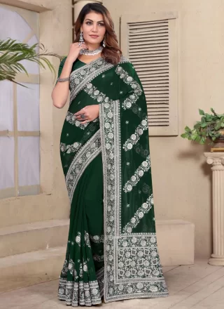 Embroidered, Resham and Zari Work Georgette Classic Sari In Green