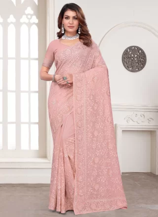 Embroidered, Resham and Zari Work Georgette Classic Sari In Peach Color