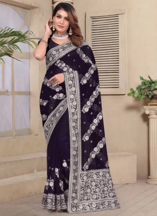 Embroidered, Resham and Zari Work Georgette Designer Saree In Purple for Ceremonial