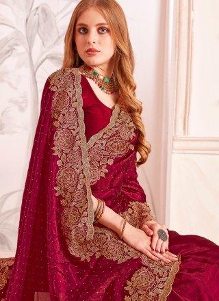 Embroidered, Resham, Zari and Zircon Work Fandy Contemporary Saree In Rani