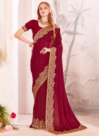 Embroidered, Resham, Zari and Zircon Work Fandy Contemporary Saree In Rani